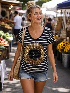 NWT Simply Southern Women's Sequins Sunflower Open Back Striped T-shirt, S